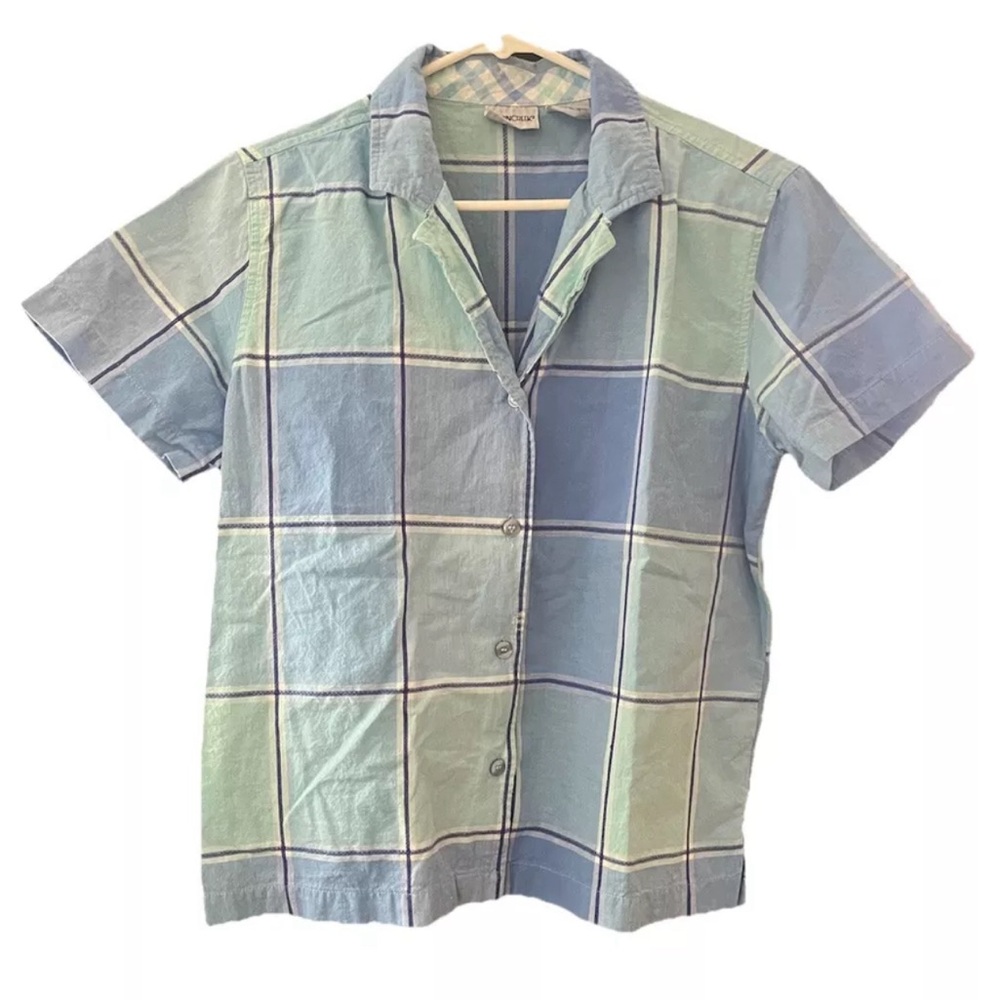 Cabin Creek Petite Medium Casual Blue and Green Plaid Shirt